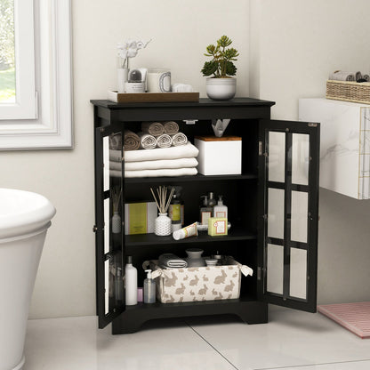 Bathroom Floor Cabinet with 2 Glass Doors and Adjustable Shelves-Black