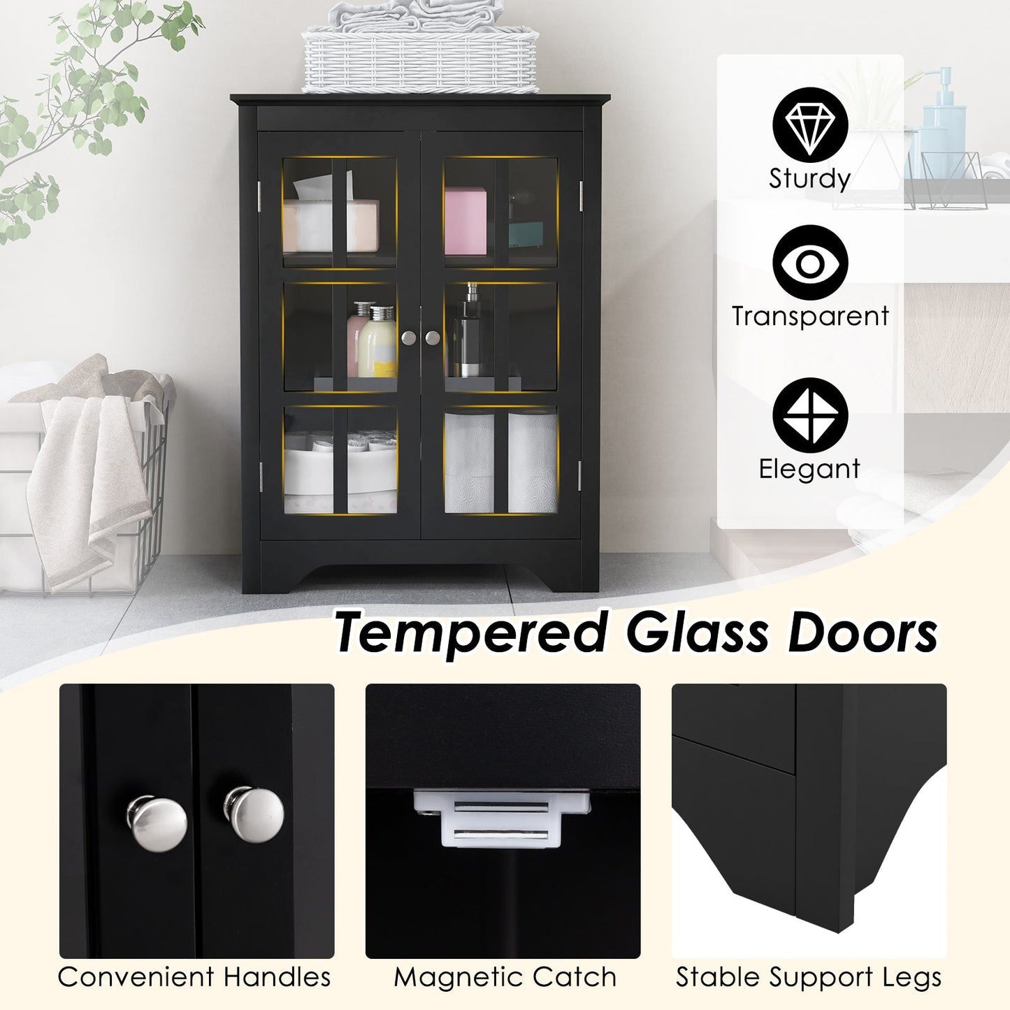 Bathroom Floor Cabinet with 2 Glass Doors and Adjustable Shelves-Black