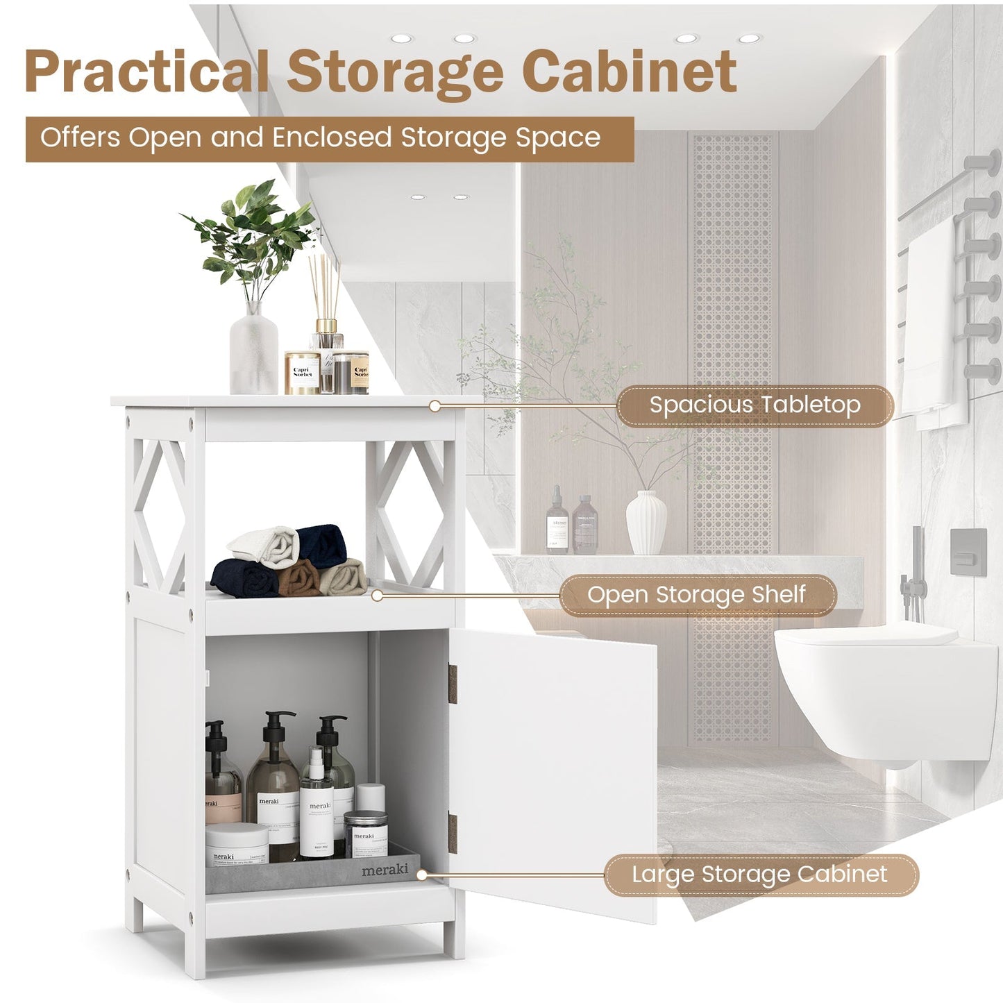 Bathroom Floor Cabinet with Open Compartment and Single Door-White