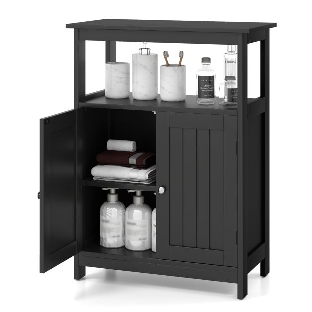 Bathroom Floor Cabinet Freestanding Storage Organizer with Open Compartment-Black
