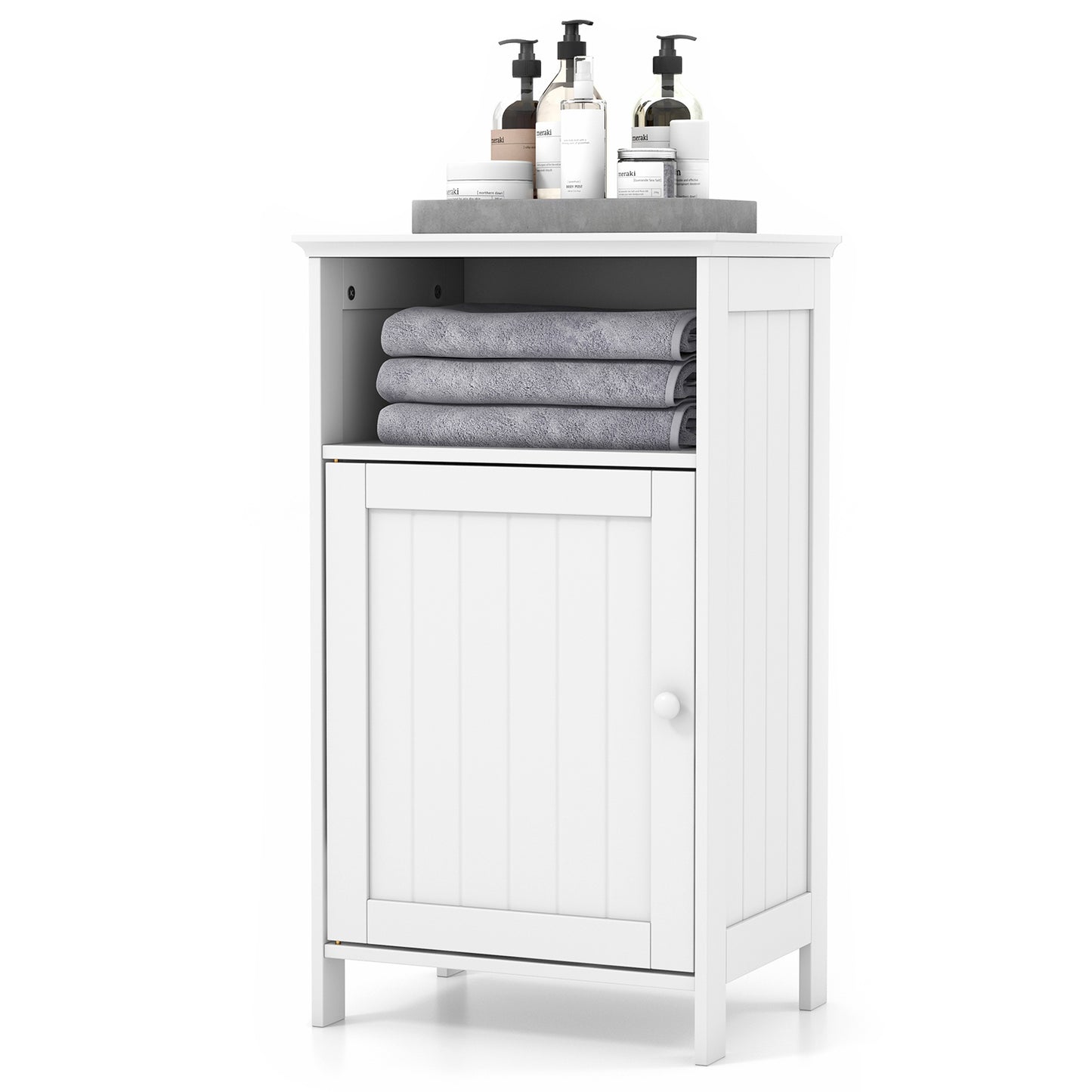Bathroom Floor Single Door Side Cabinet with Open Compartment-White