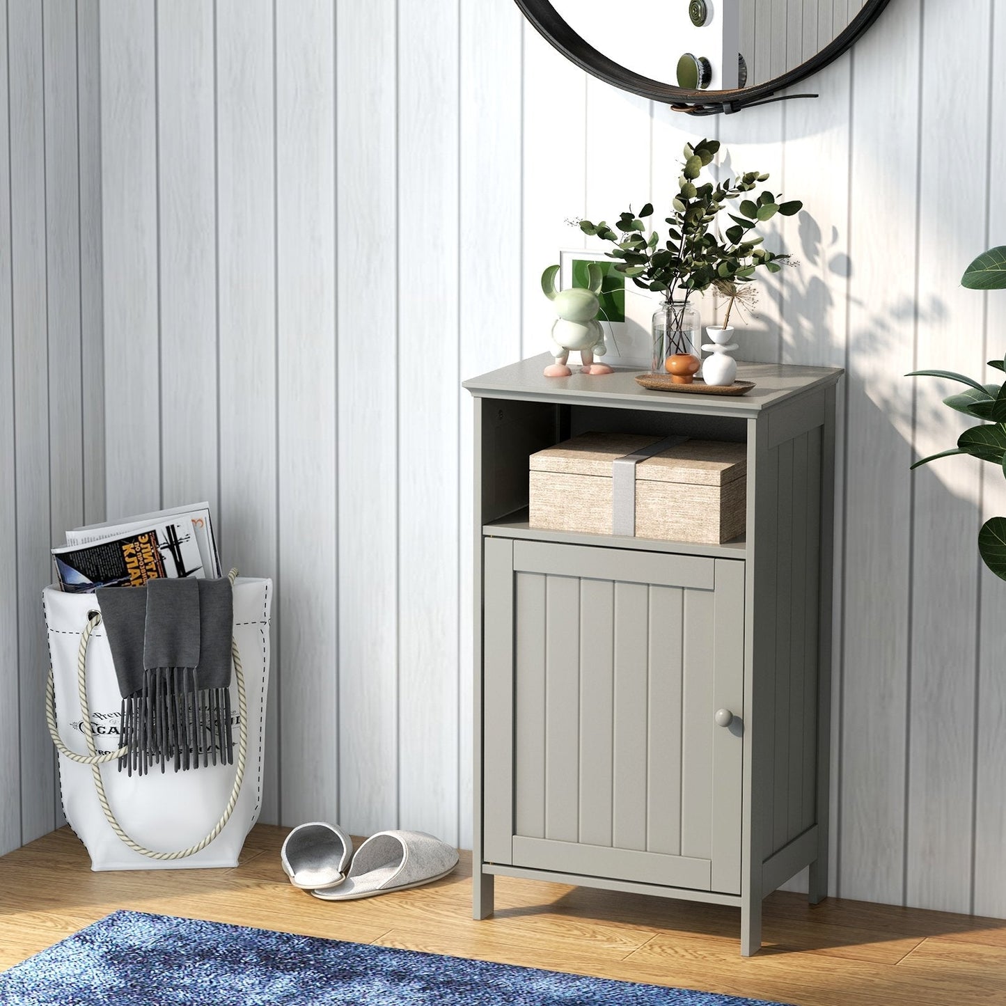 Bathroom Floor Single Door Side Cabinet with Open Compartment-Grey