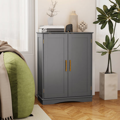 Bathroom Floor Storage Cabinet with 2 Doors and Adjustable Shelves-Grey