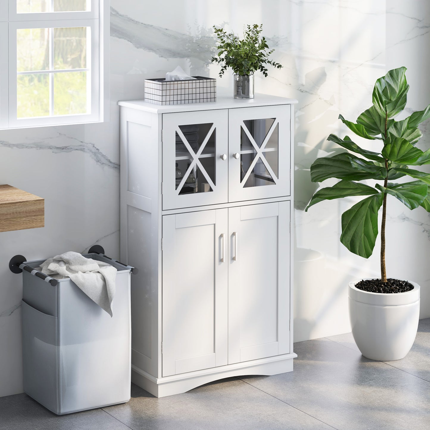 Bathroom Linen Storage Cabinet with Doors and Adjustable Shelves-White
