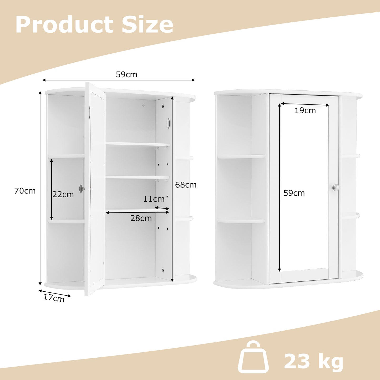 Bathroom Medicine Cabinet with Mirror with 3 Adjustable Shelves-White