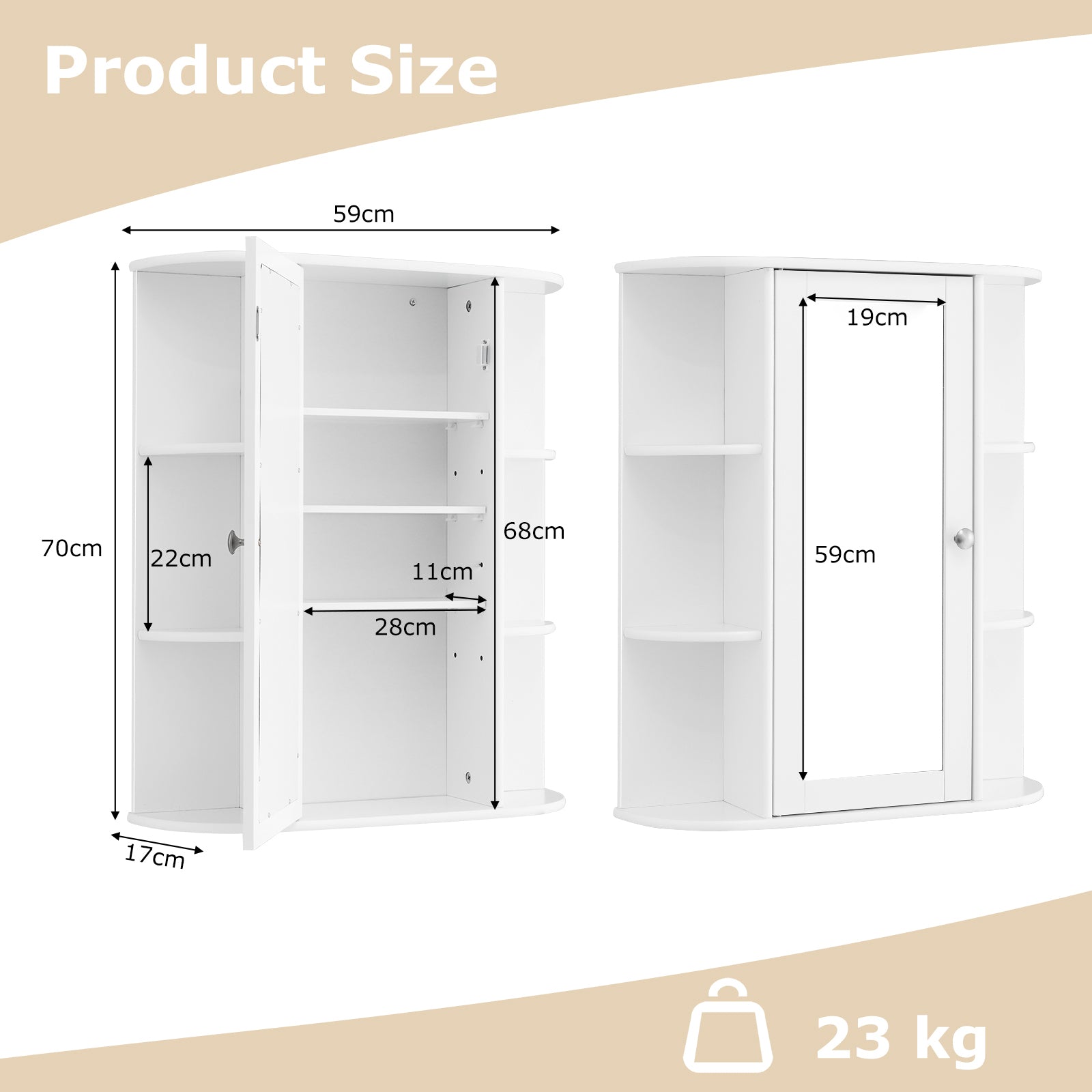 Bathroom Medicine Cabinet with Mirror with 3 Adjustable Shelves-White