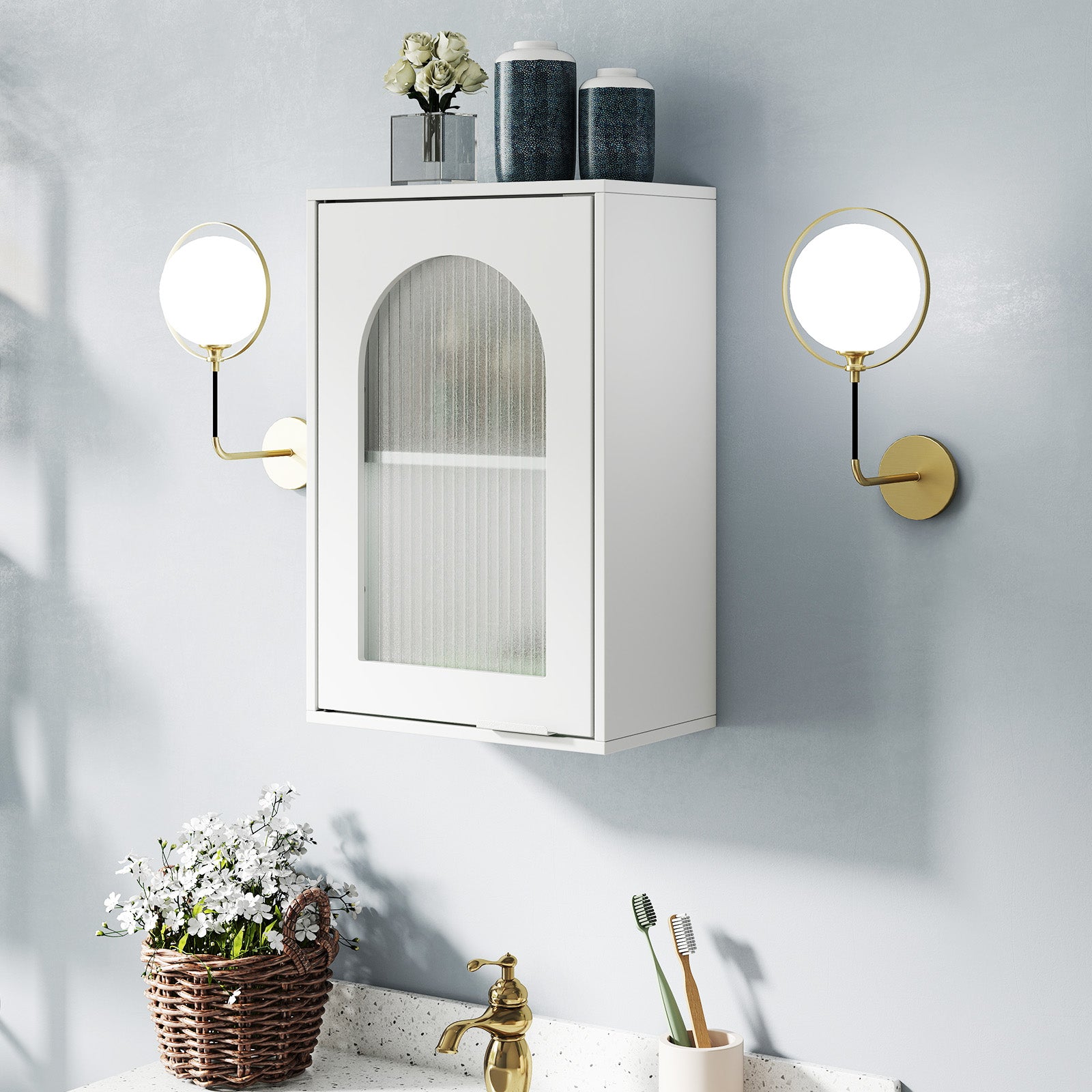 Bathroom Wall Cabinet with Tempered Glass Door and Adjustable Shelf-White