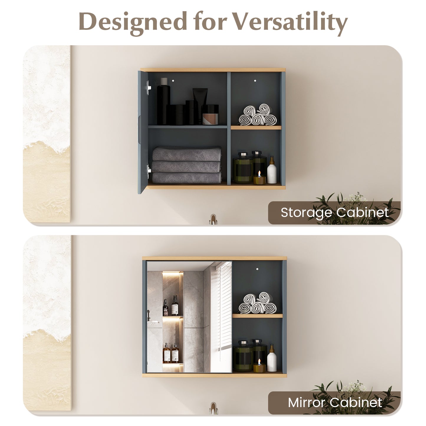 Wall Mounted Bathroom Cabinet with Single Mirror Door and Adjustable Shelf-Grey