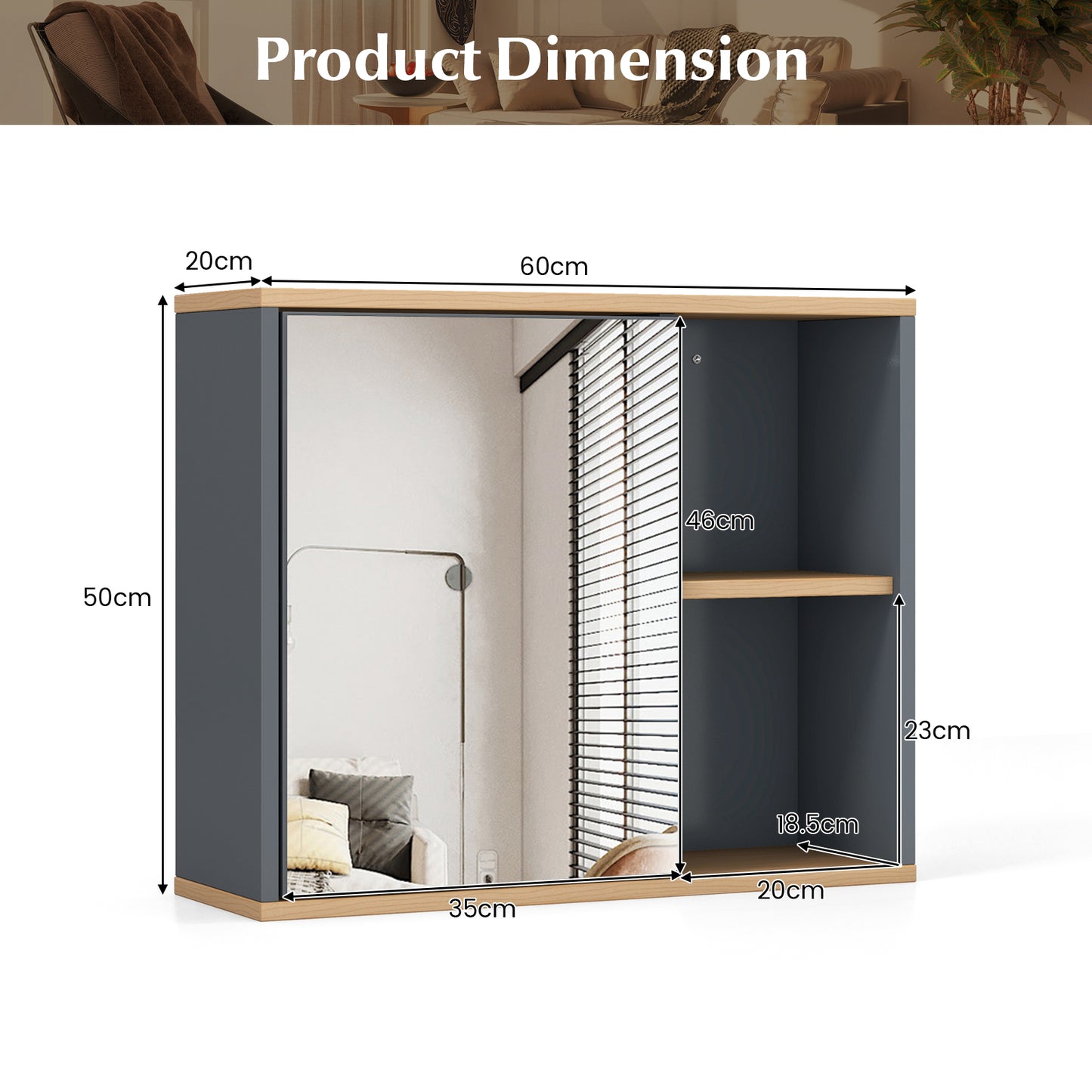 Wall Mounted Bathroom Cabinet with Single Mirror Door and Adjustable Shelf-Grey