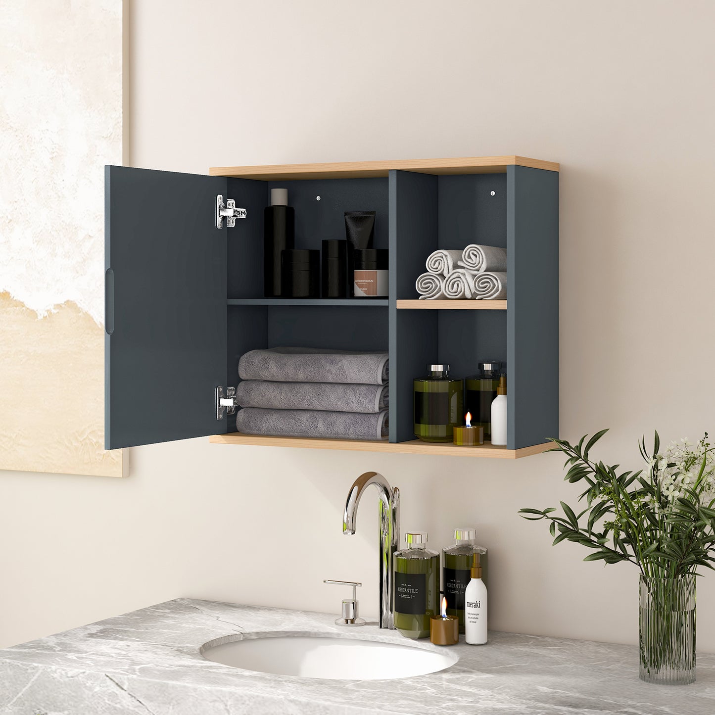 Wall Mounted Bathroom Cabinet with Single Mirror Door and Adjustable Shelf-Grey