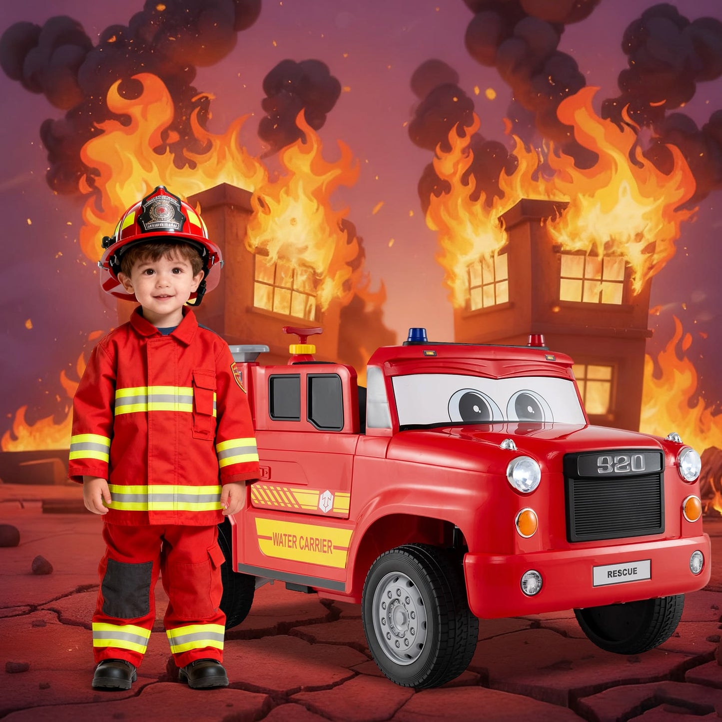 12V Battery Powered Fire Car Toy with Water Sprayer and Remote Control-Red