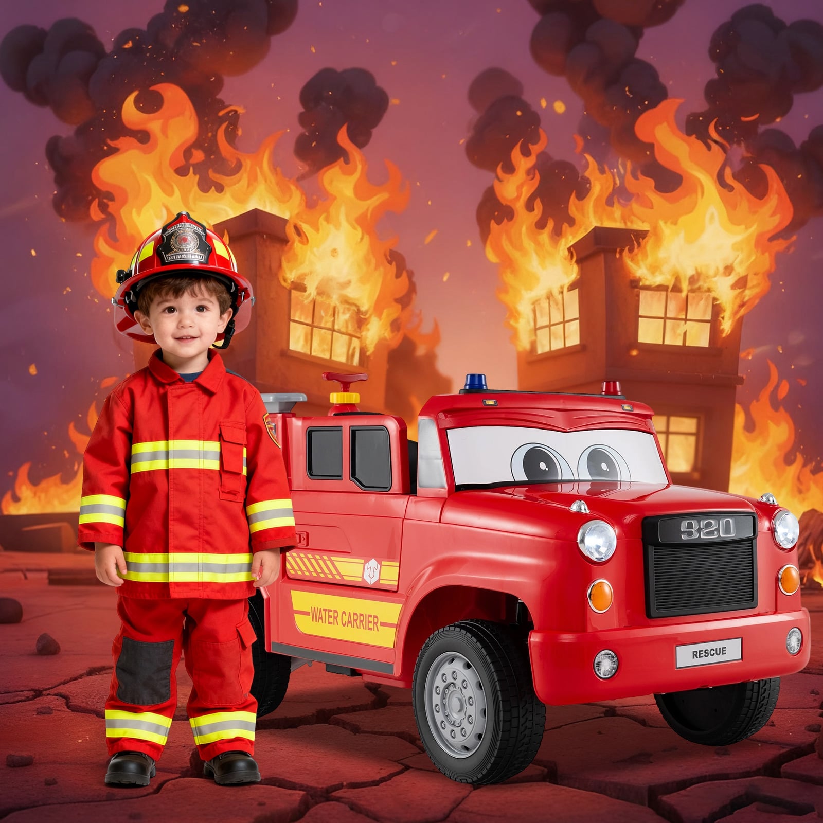 12V Battery Powered Fire Car Toy with Water Sprayer and Remote Control-Red