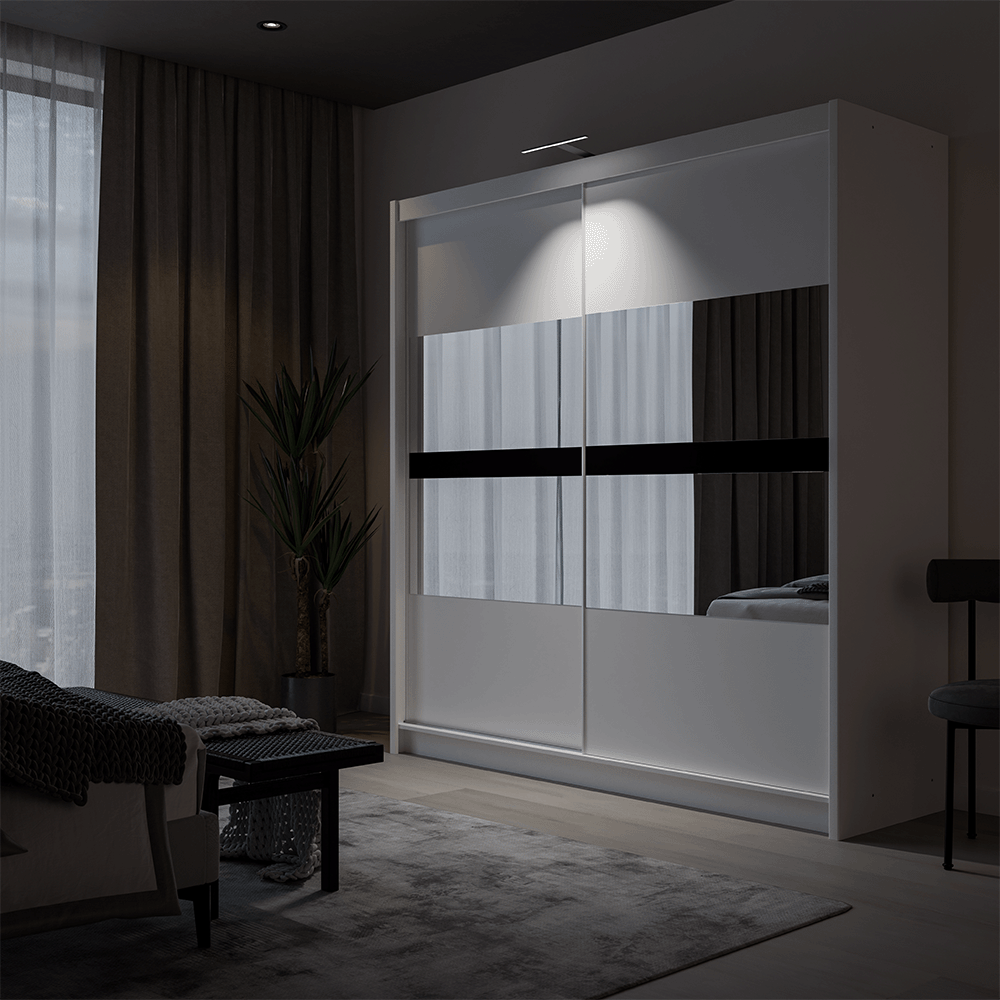 White Mirrored Sliding Door Wardrobe 203cm – DERBY
