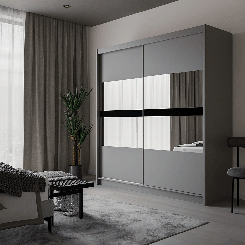 Graphite Mirrored Sliding Door Wardrobe 203cm – DERBY