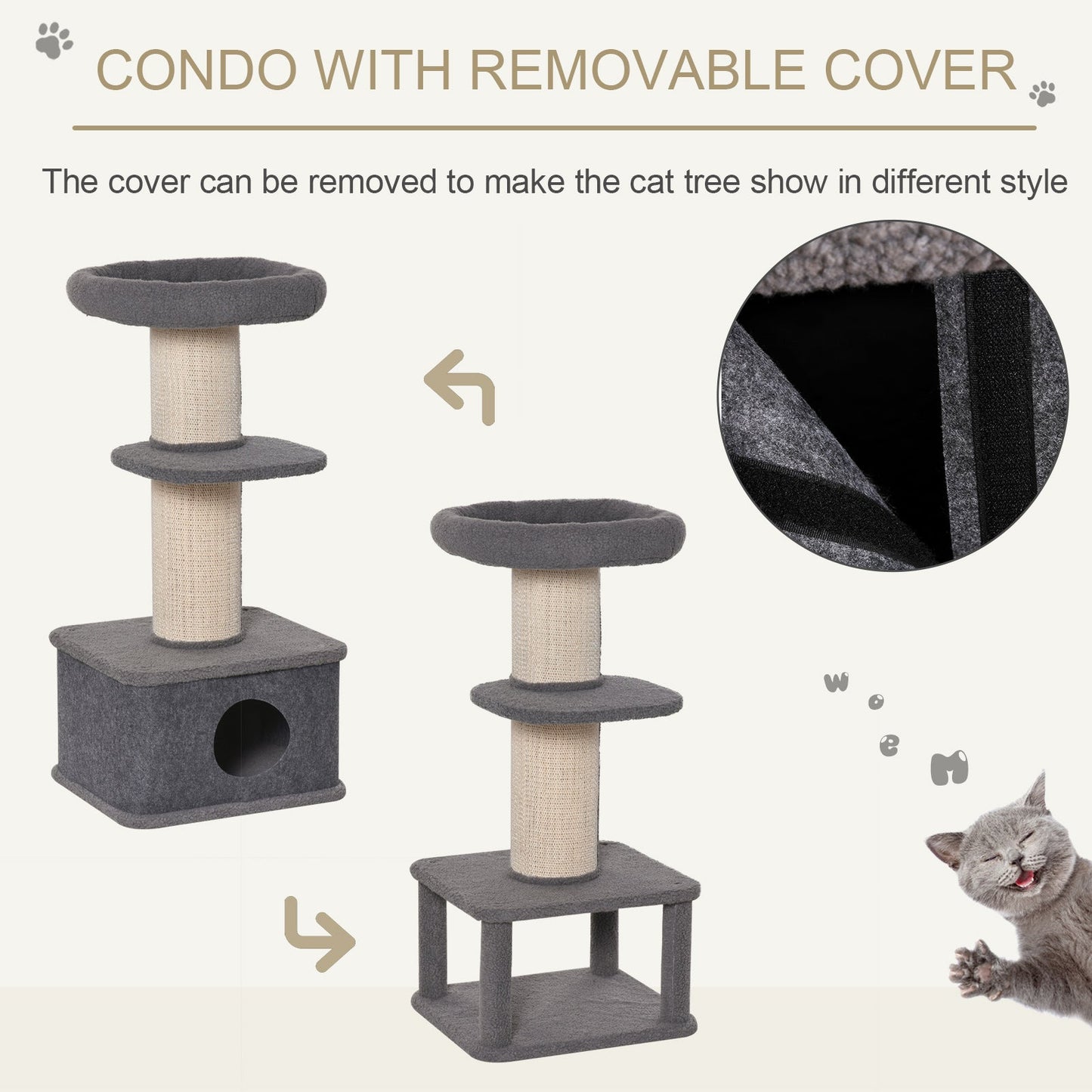 PawHut Cat Tree Kitten Tower متعدد المستويات، أثاث الحيوانات الأليفة مع عمود خدش من السيزال، مجثم قطيفة باللون الرمادي