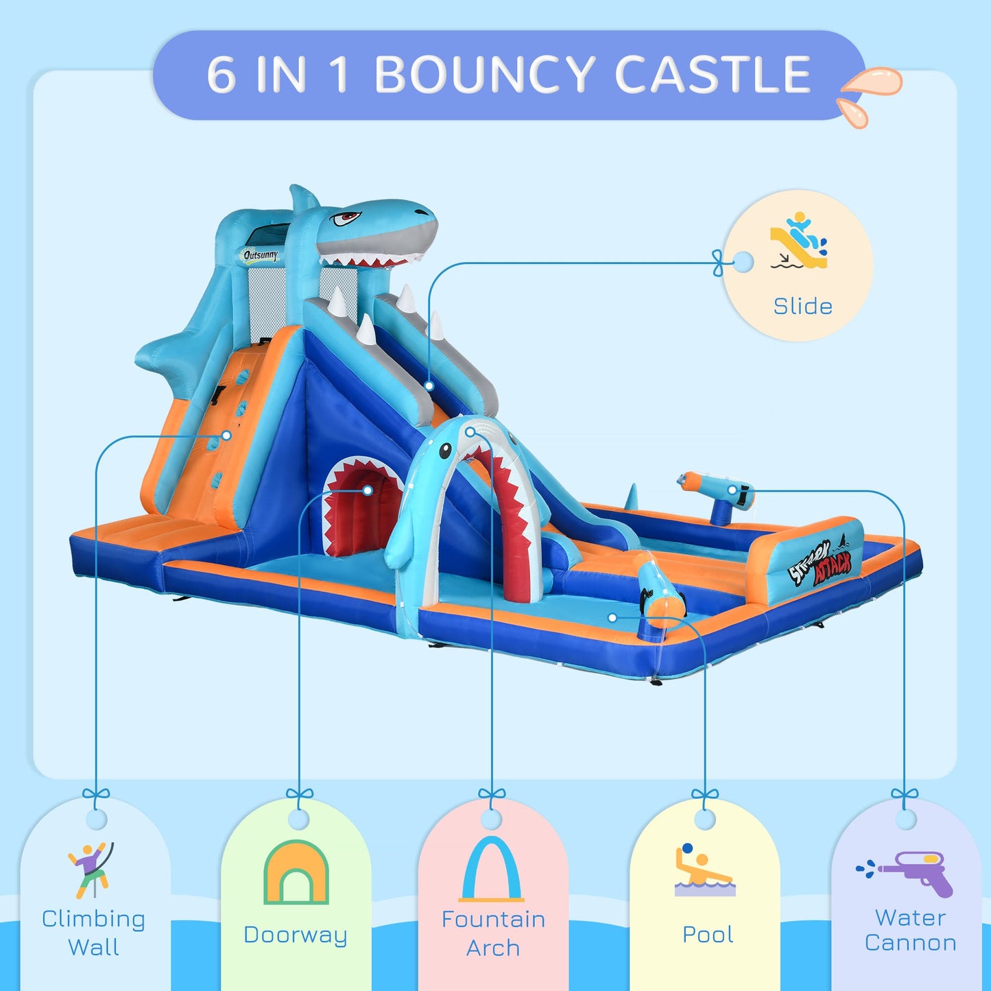 Outsunny 6 w 1 dmuchany zamek z motywem rekina, nadmuchiwany park wodny, ze zjeżdżalnią, basenem, trampoliną, dmuchawą, dla dzieci w wieku od 3 do 8 lat