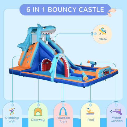 Outsunny 6 w 1 dmuchany zamek z motywem rekina, nadmuchiwany park wodny, ze zjeżdżalnią, basenem, trampoliną, dmuchawą, dla dzieci w wieku od 3 do 8 lat