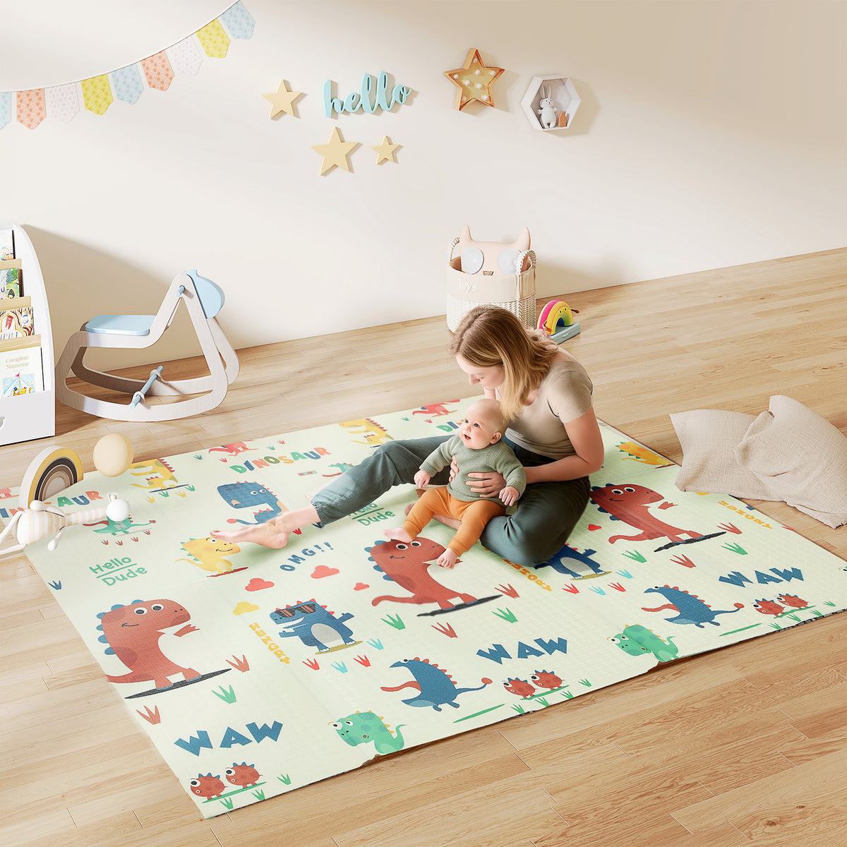 AIYAPLAY Baby Play Mat, Double Sideded Foldable Kids Crawling Mat, Reversible & Waterproof, Dinosaur