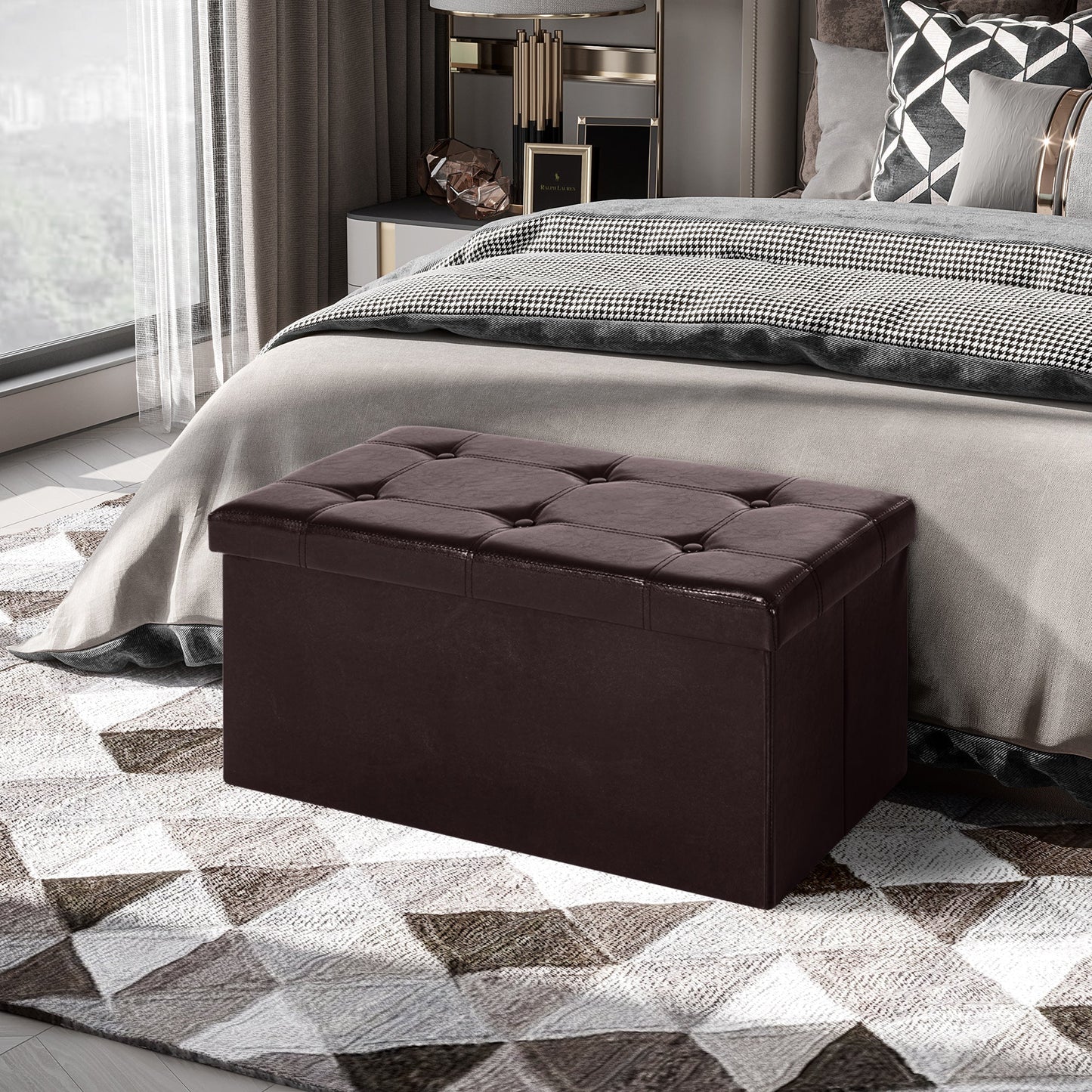HOMCOM Folding Faux Leather Storage Cube Ottoman Bench Seat PU Rectangular Footrest Stool Box (Brown)