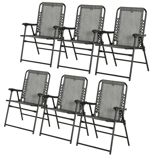 Set of 6 Patio Folding Chair Set, Garden Portable Outdoor Chairs W/ Armrest Breathable Mesh Fabric For Camping, Beach, Deck, Lawn, Grey