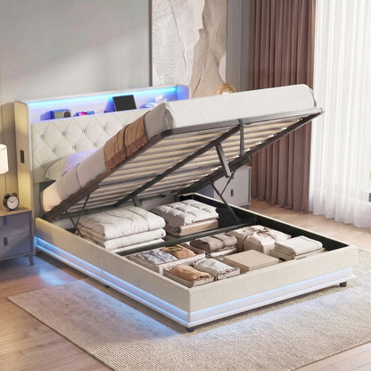 HOMCOM 4ft6 Double Bed Frame with Headboard, Platform Bed Frame with Hydraulic Storage, LED Lights and Charging Station, Cream