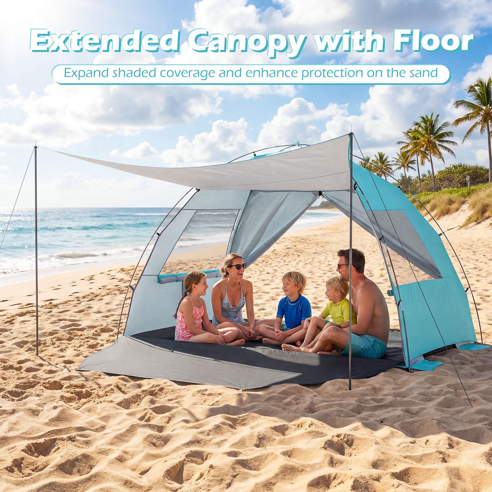 Beach Tent Sun Shelter with Canopy Carry Bag for 5-6 Person-Blue