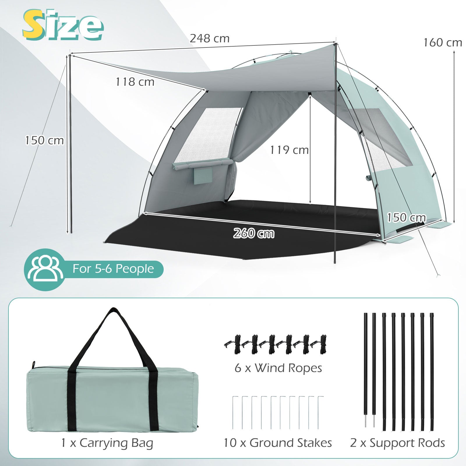Beach Tent Sun Shelter with Canopy Carry Bag for 5-6 Person-Green