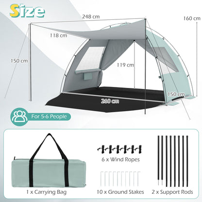 Beach Tent Sun Shelter with Canopy Carry Bag for 5-6 Person-Green