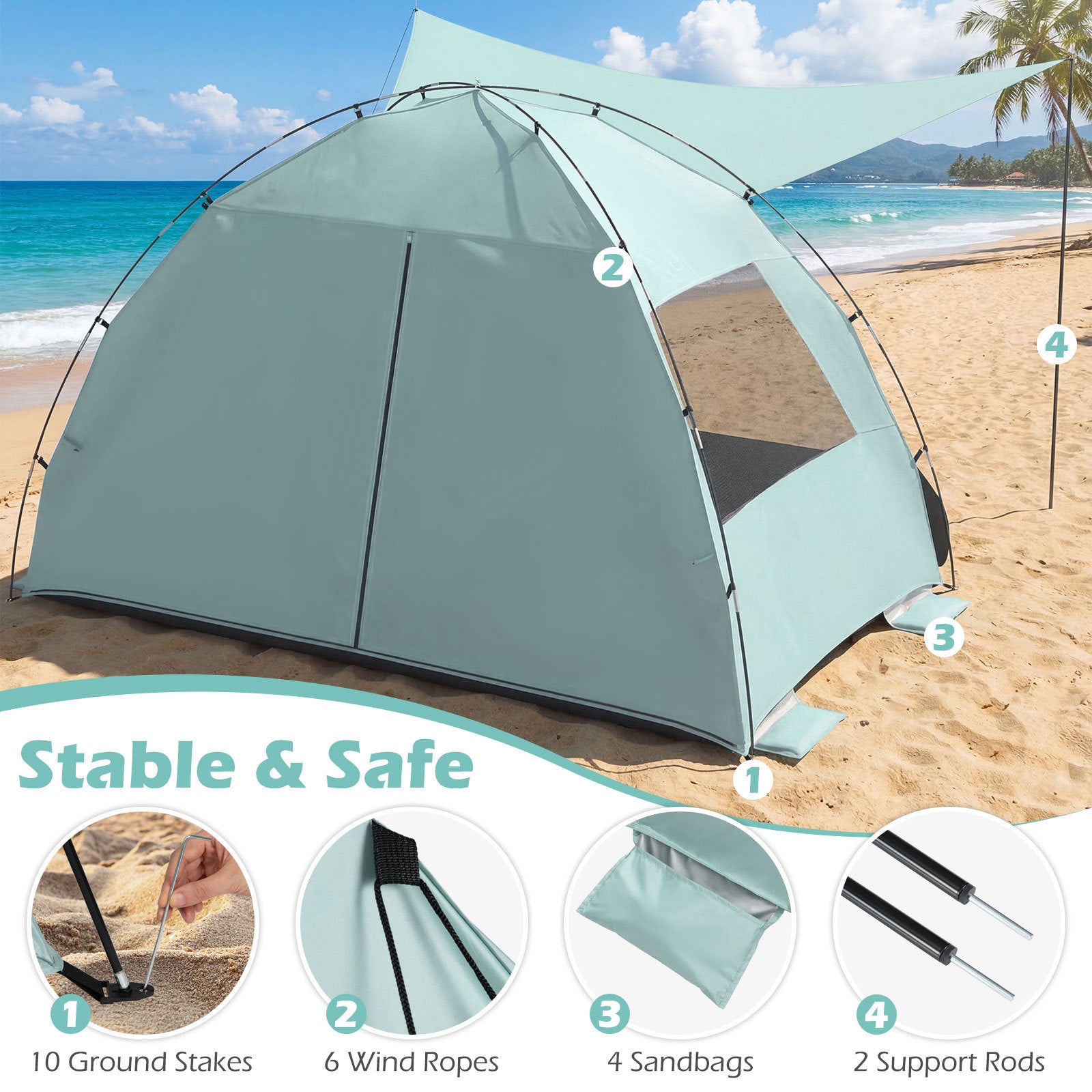 Beach Tent Sun Shelter with Canopy Carry Bag for 5-6 Person-Green