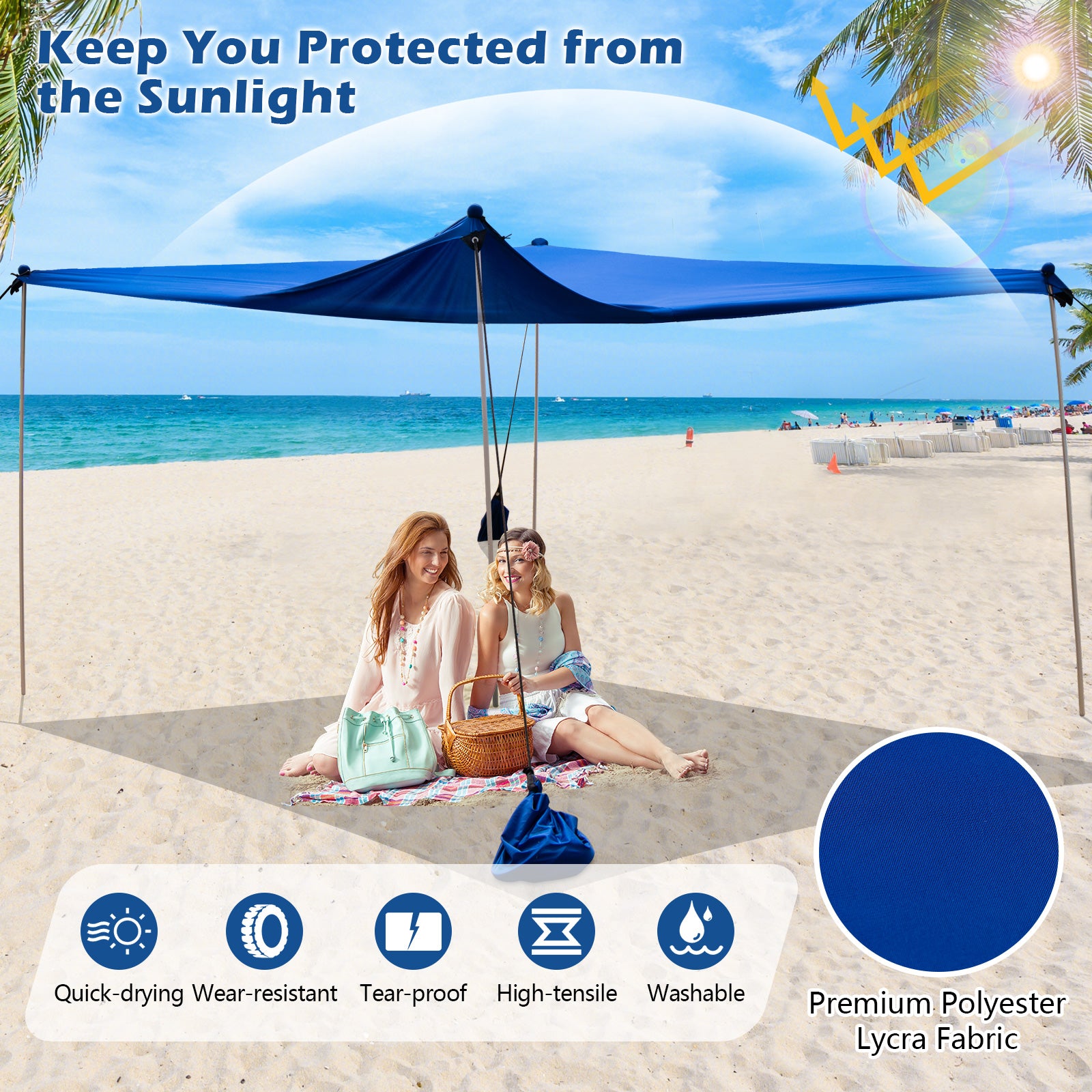 Beach Canopy Shields 300 x 300 cm Beach Tent Sun Shelter Fit 6-8 People-Blue