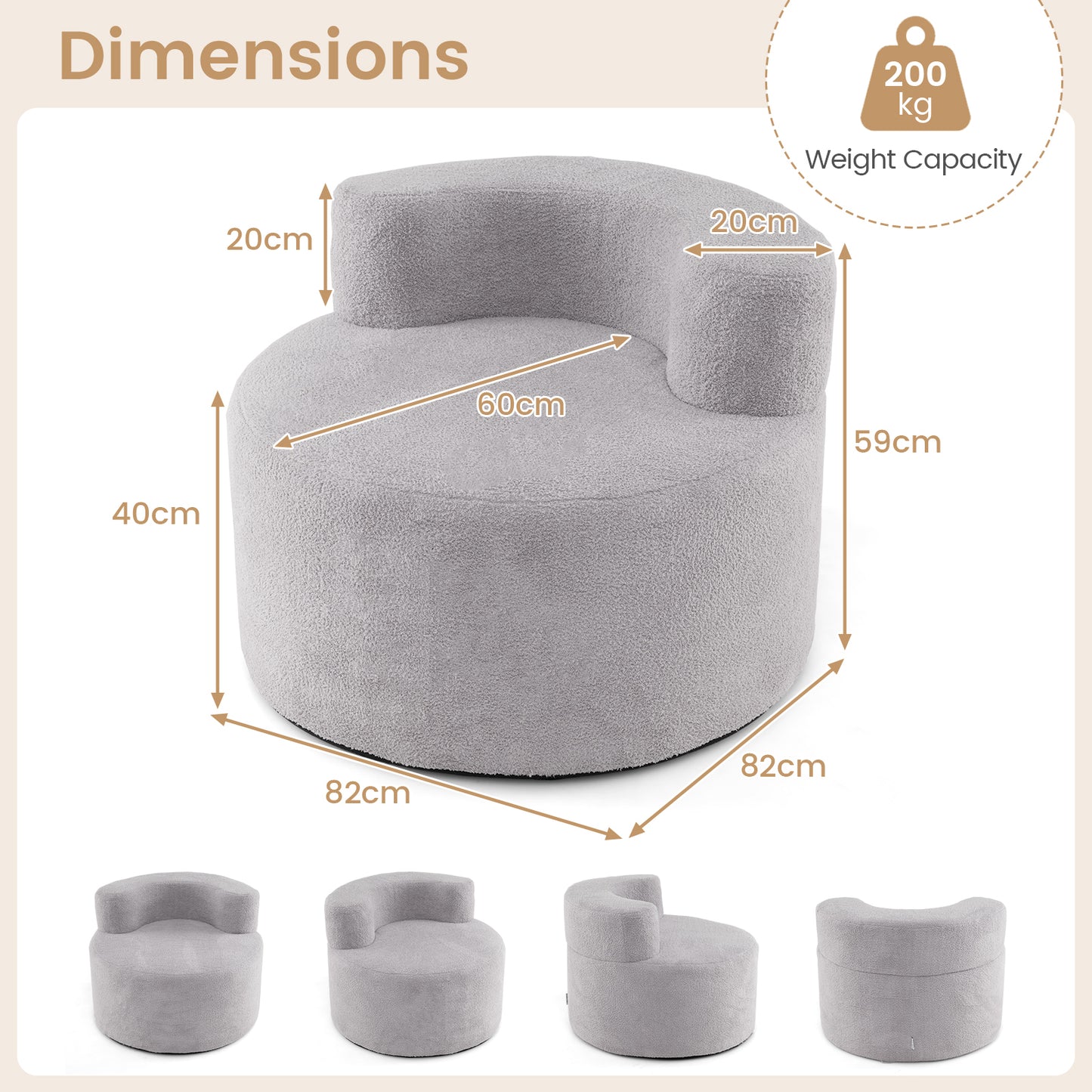Bean Bag Chair with Soft Teddy Fleece and Curved Backrest-Grey