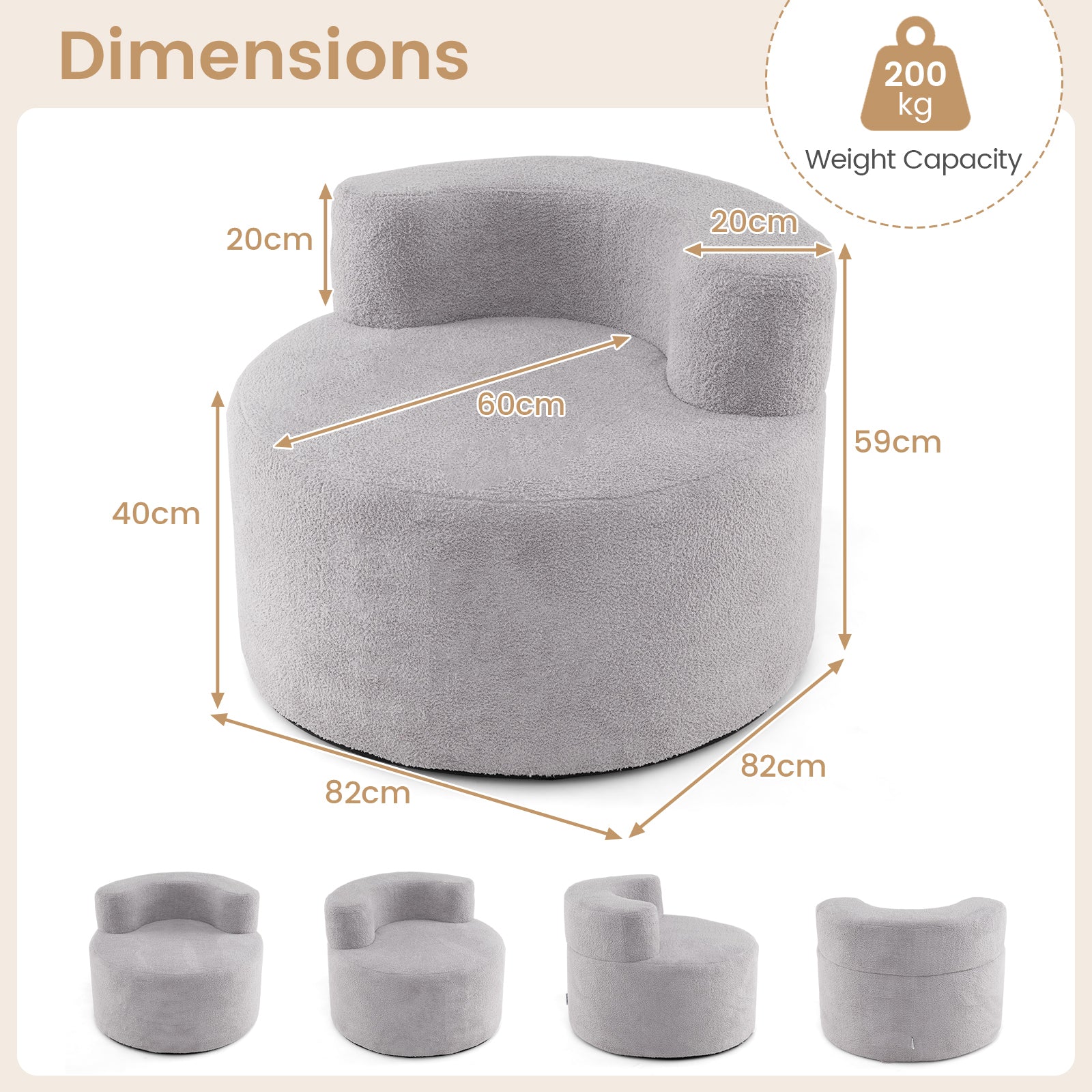 Bean Bag Chair with Soft Teddy Fleece and Curved Backrest-Grey