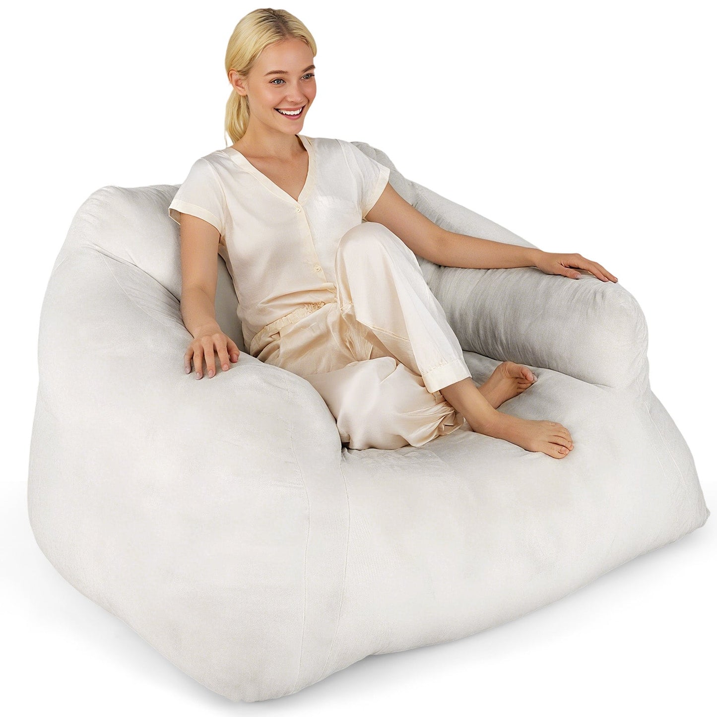 Bean Bag Chair with Velvet Cover and Non-slip Bottom for Bedroom-Beige