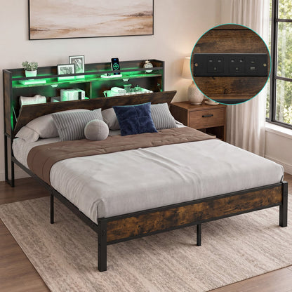 Bed Frame with LED Lights and Charging Station Industrial Metal Platform Bed-King Size