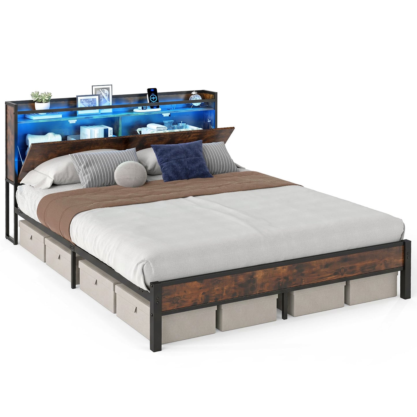 Bed Frame with LED Lights and Charging Station Industrial Metal Platform Bed-King Size