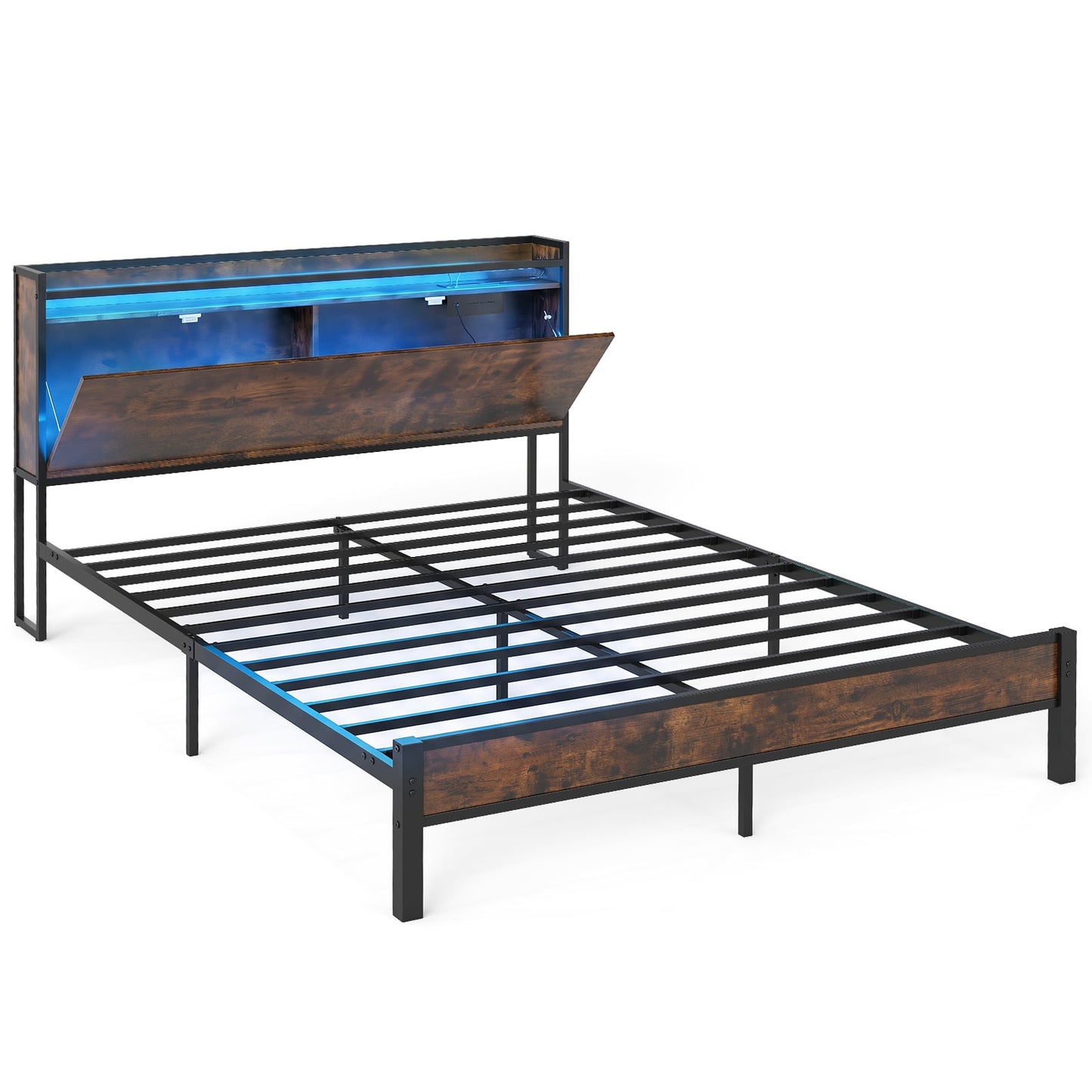 Bed Frame with LED Lights and Charging Station Industrial Metal Platform Bed-King Size