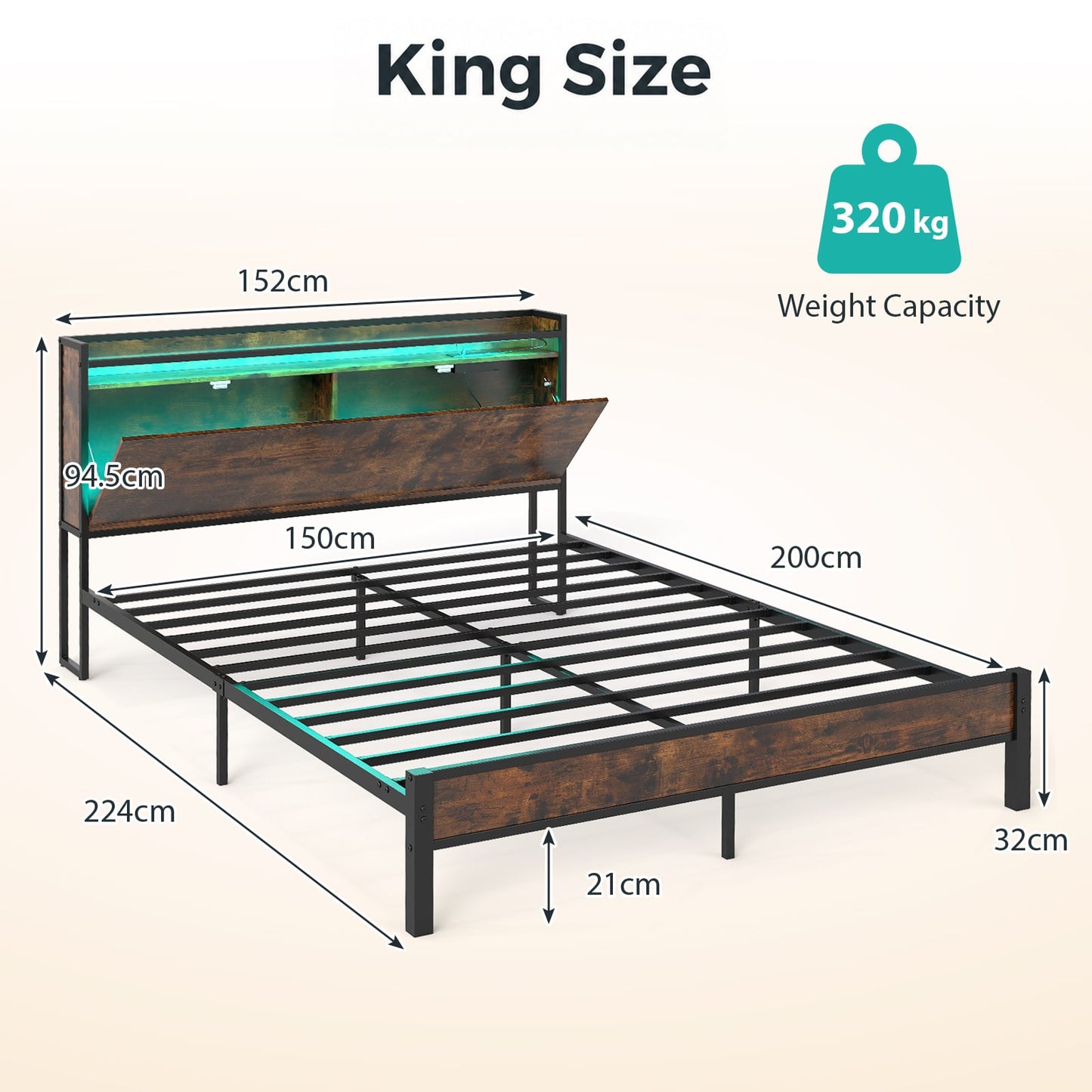 Bed Frame with LED Lights and Charging Station Industrial Metal Platform Bed-King Size