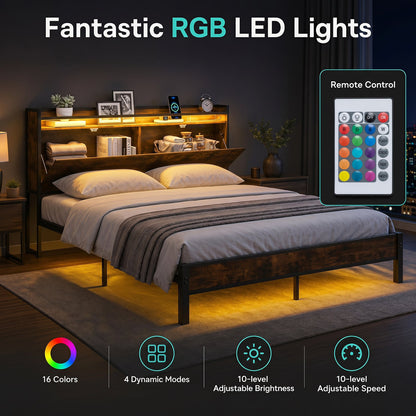 Bed Frame with LED Lights and Charging Station Industrial Metal Platform Bed-King Size