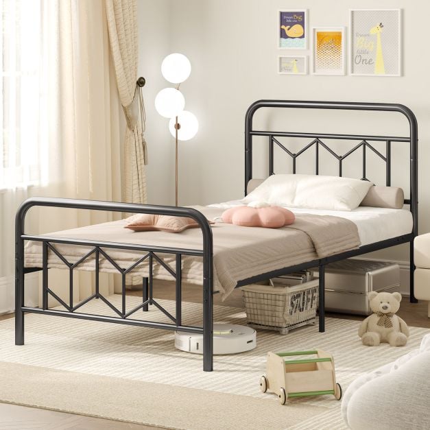 Single/Double/King Size Metal Bed Frame with High Headboard and Mute Bar-Black-Single Size