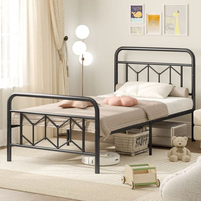 Single/Double/King Size Metal Bed Frame with High Headboard and Mute Bar-Black-Single Size