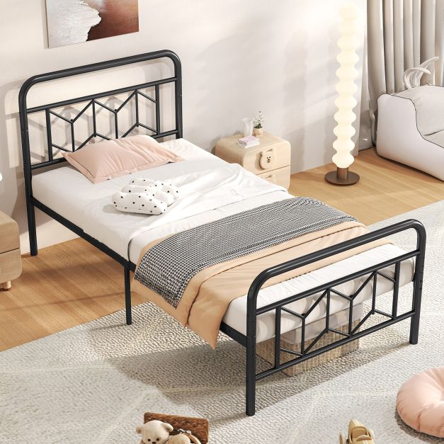 Single/Double/King Size Metal Bed Frame with High Headboard and Mute Bar-Black-Single Size