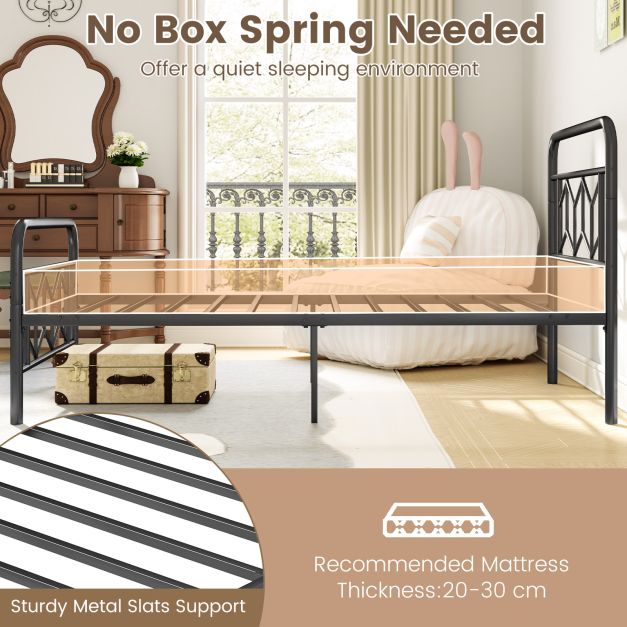 Single/Double/King Size Metal Bed Frame with High Headboard and Mute Bar-Black-Single Size