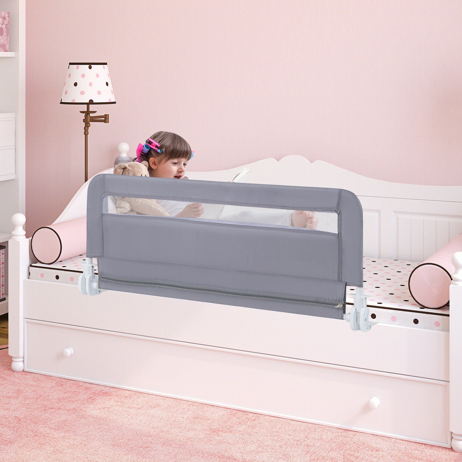 100 CM/120 CM Foldable Baby Bed Rail with Removable Washable Cover and Safety Strap-Grey-100 cm