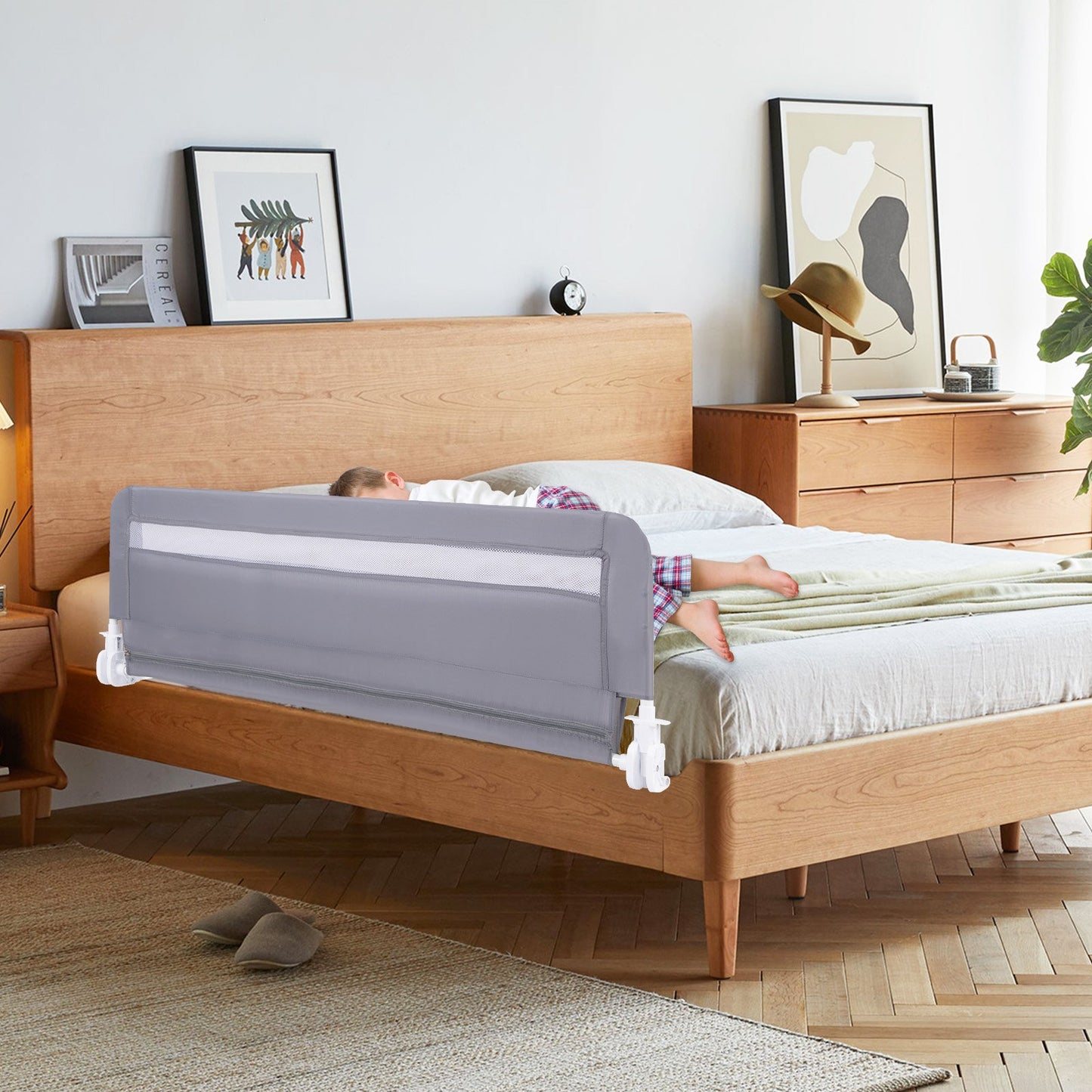100 CM/120 CM Foldable Baby Bed Rail with Removable Washable Cover and Safety Strap-Grey-120 cm