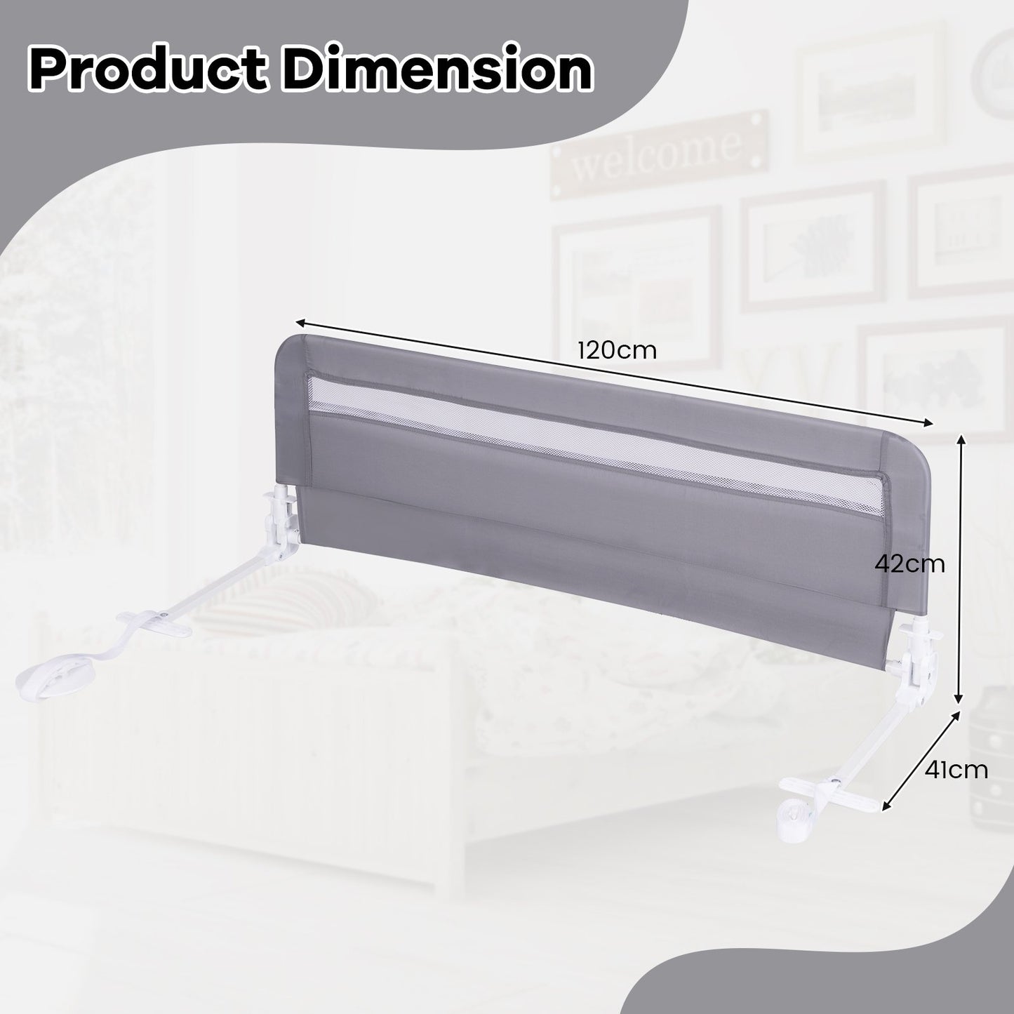 100 CM/120 CM Foldable Baby Bed Rail with Removable Washable Cover and Safety Strap-Grey-120 cm
