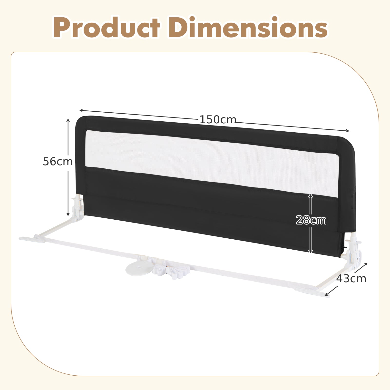 150CM Foldable Baby Bed Rail Guard with Washable Cover and Safety Strap-Black
