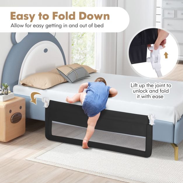 150CM Foldable Baby Bed Rail Guard with Washable Cover and Safety Strap-Black