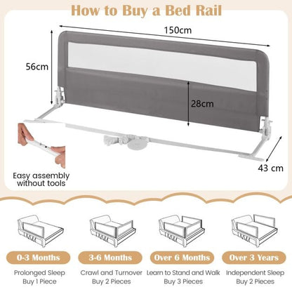 150CM Foldable Baby Bed Rail Guard with Washable Cover and Safety Strap-Grey