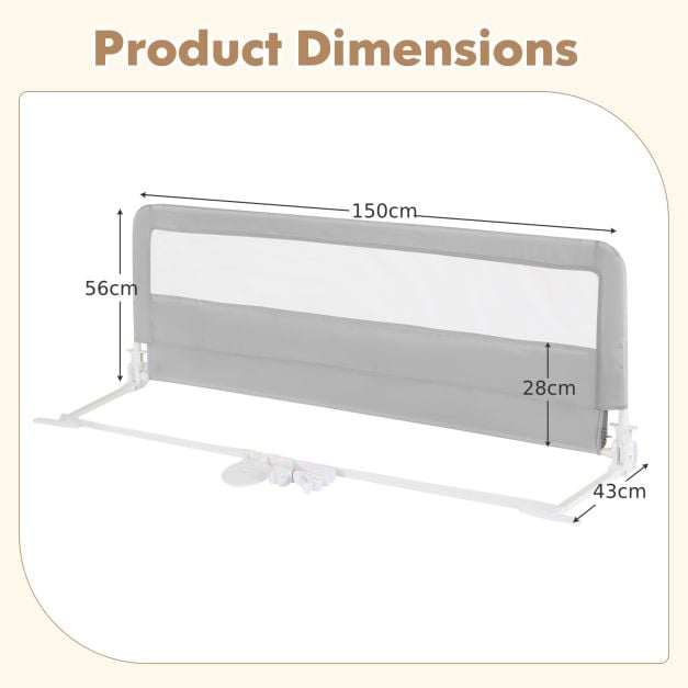 150CM Foldable Baby Bed Rail Guard with Washable Cover and Safety Strap-Silver