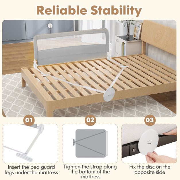 150CM Foldable Baby Bed Rail Guard with Washable Cover and Safety Strap-Silver